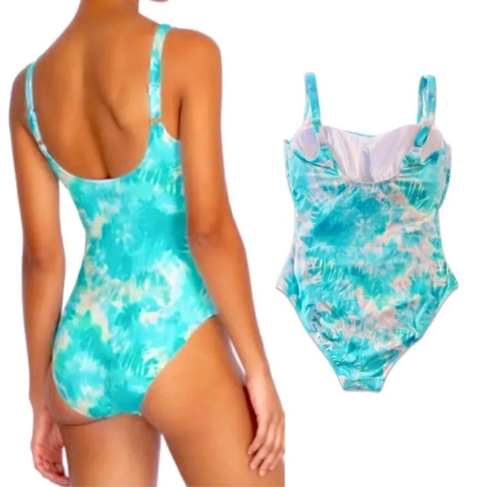 NWT Johnny Was Calme Aqua Keys Turquoise Tie Dye One Piece Tank Swimsuit $158